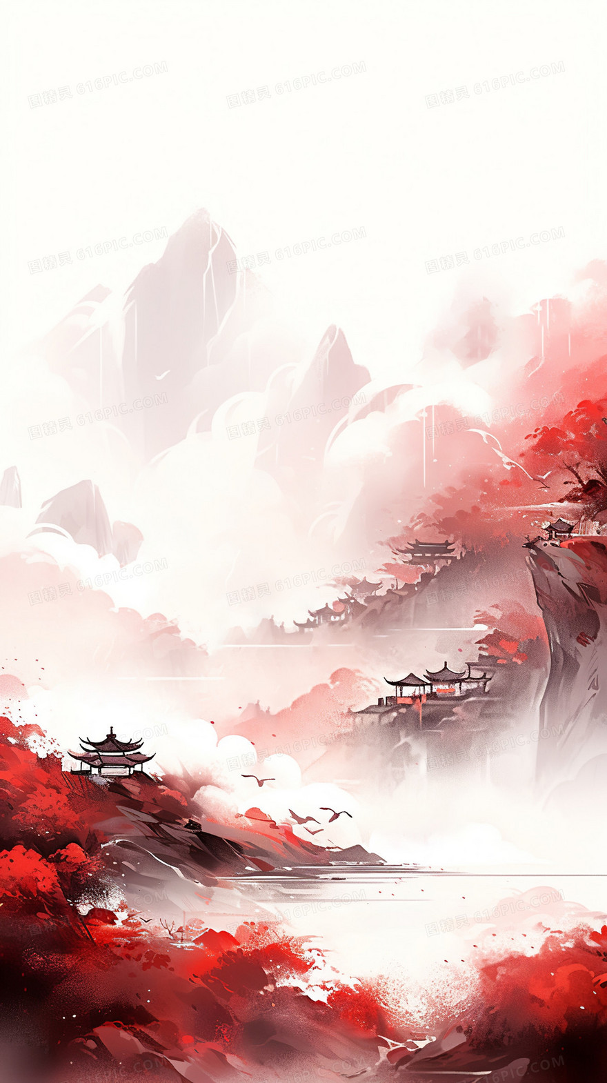 云雾中山间红色树木间庭院插画