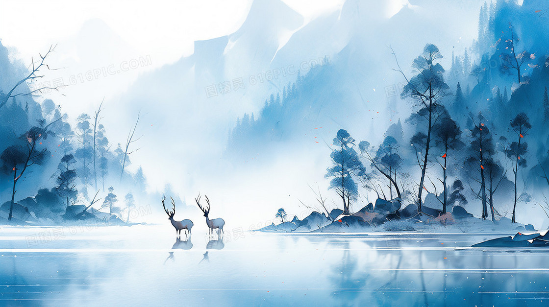山间水墨蓝色背景下湖水面上两只麋鹿插画