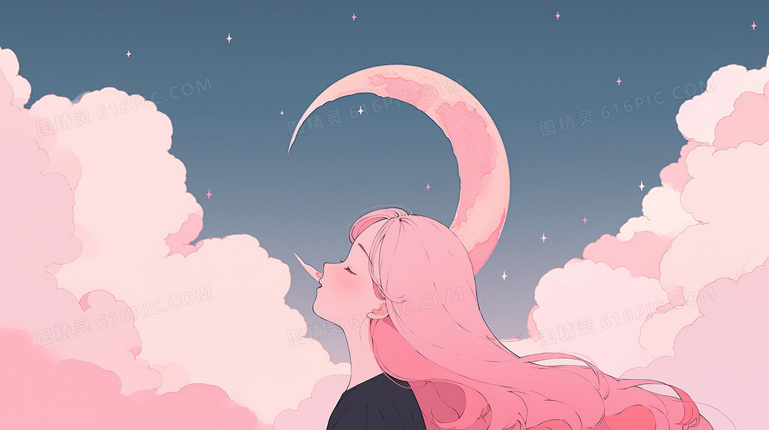 在弯弯的月亮下粉红色云间粉红色长发女生仰头面对着月亮的插画