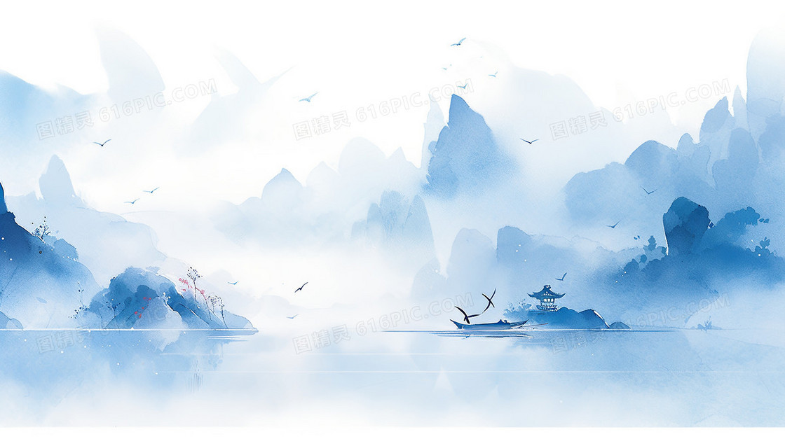 山间蓝色背景下湖水面上飘荡一个小船插画