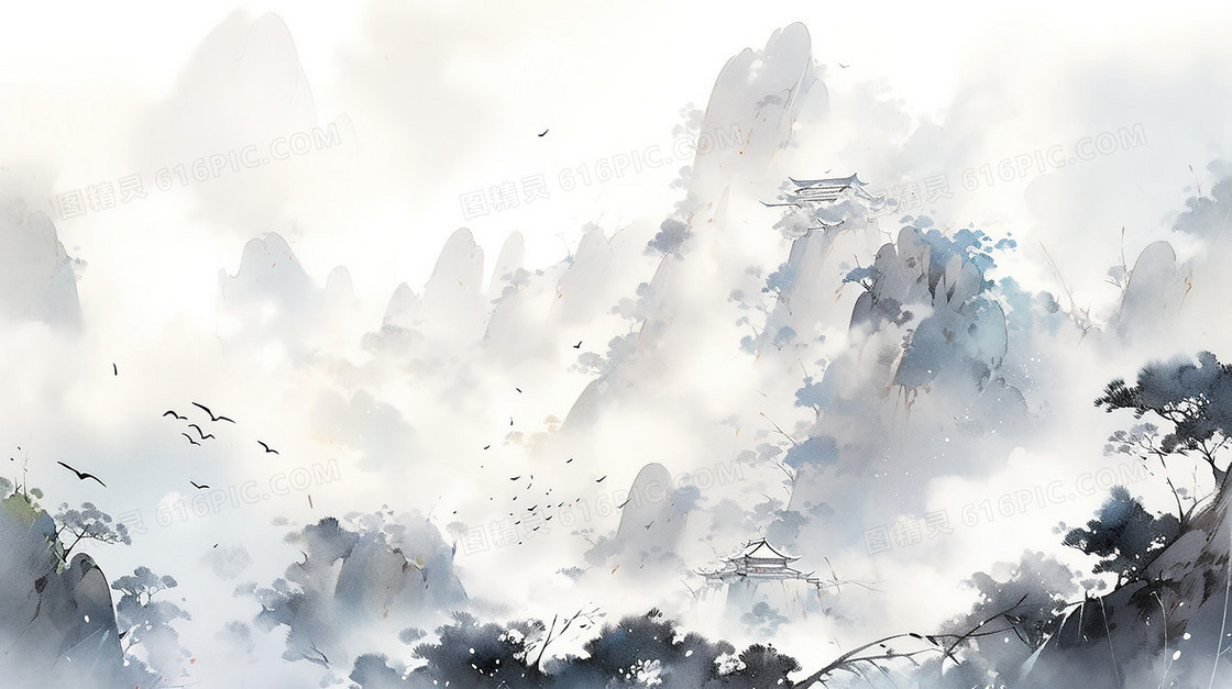 中国风水墨山水风景意境插画