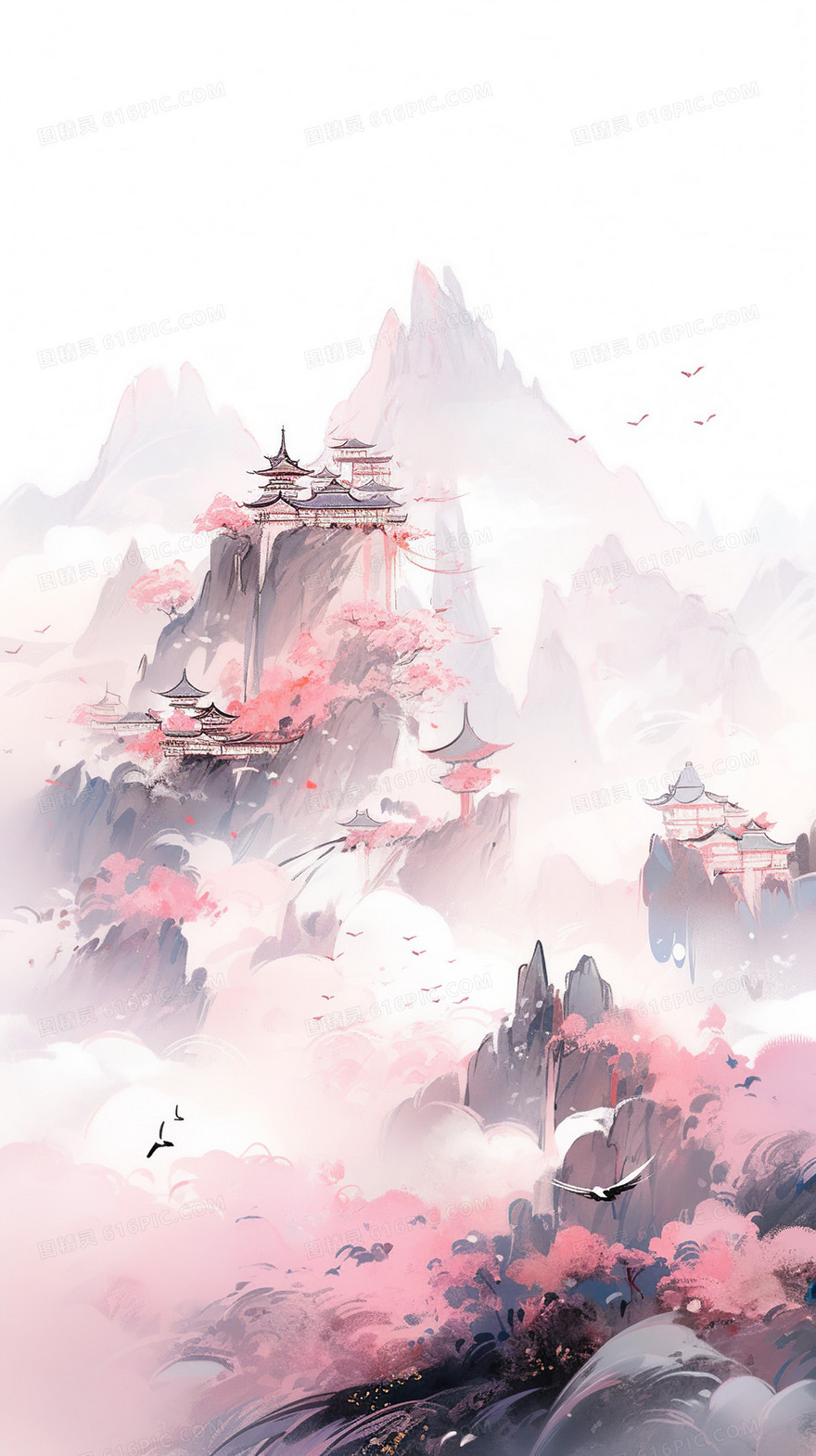 云雾中山间红色树木间庭院插画