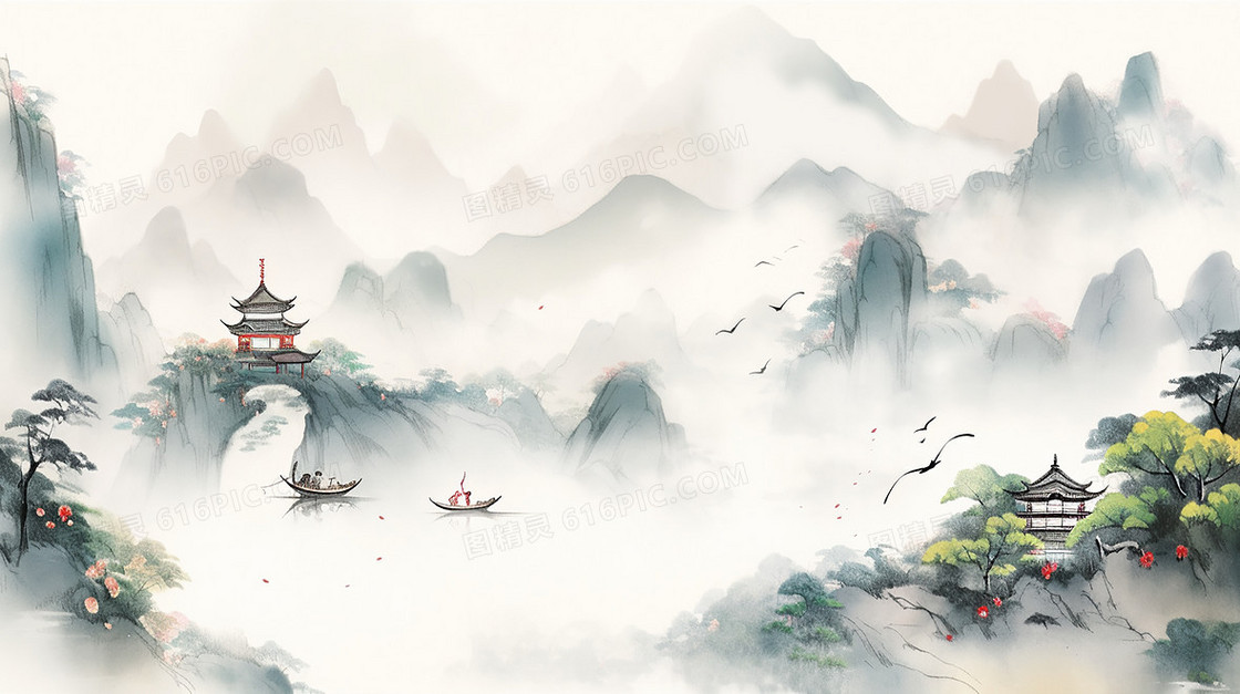 小船飘荡在山间湖水中山脚下依稀坐落几个小亭子插画