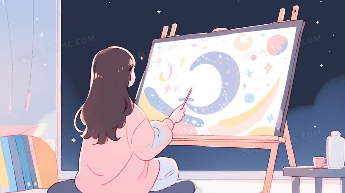 夜晚可爱的女生在房间里面画板前绘画插画
