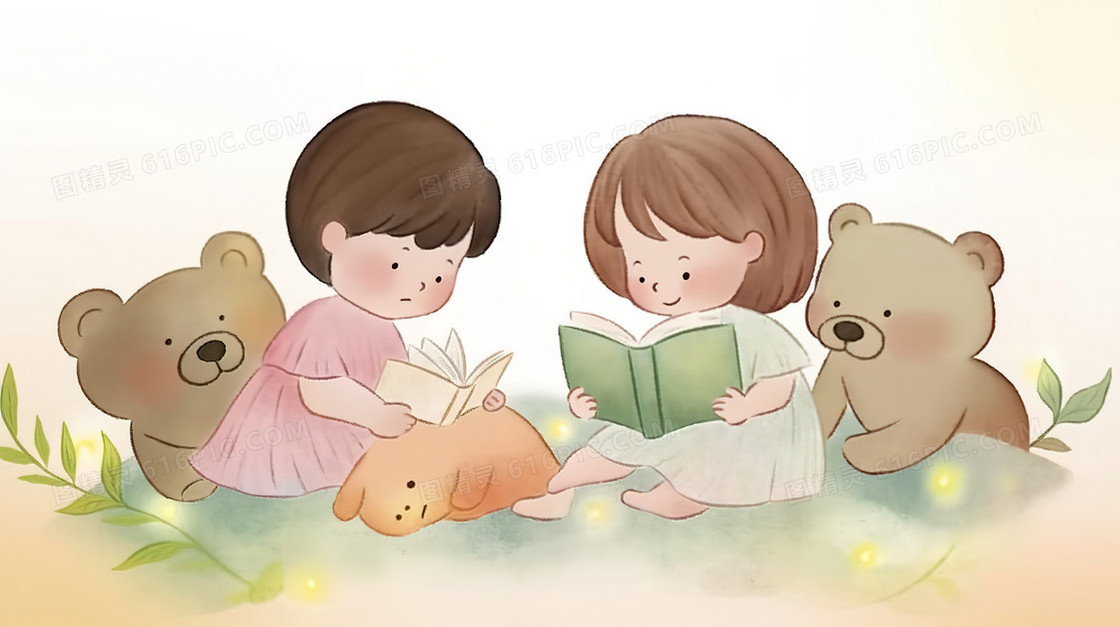 一起阅读故事书的孩子们插画
