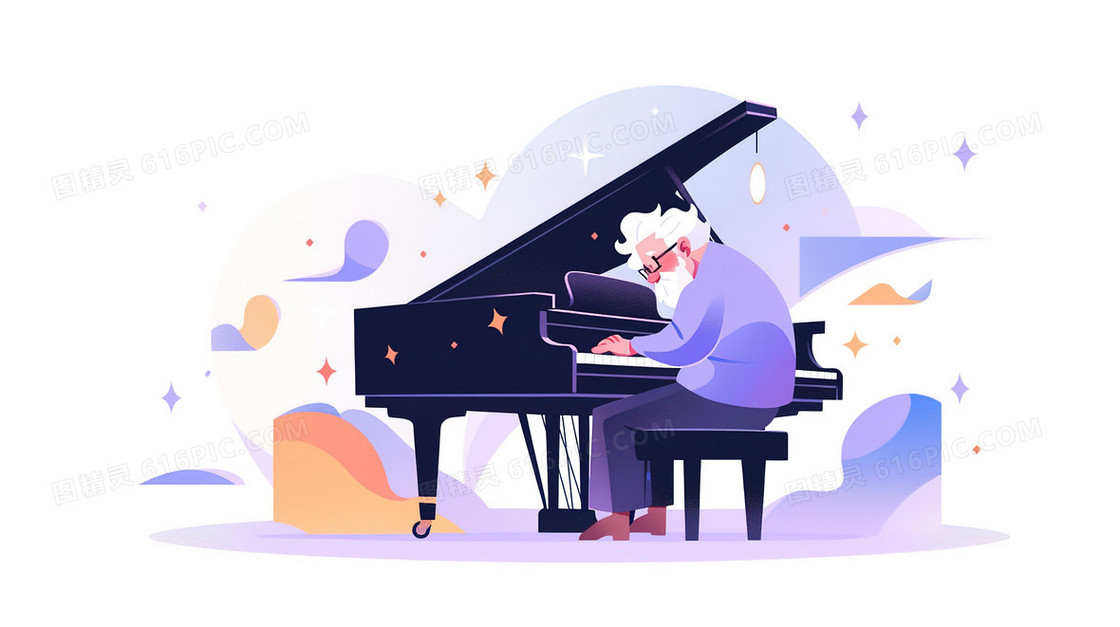 一个弹钢琴的老人插画