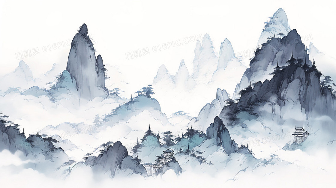 雾中群山中国山水插画