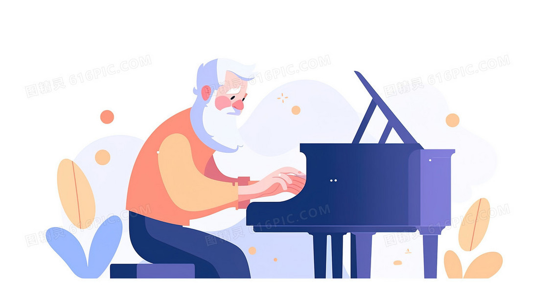 一个弹钢琴的老人插画