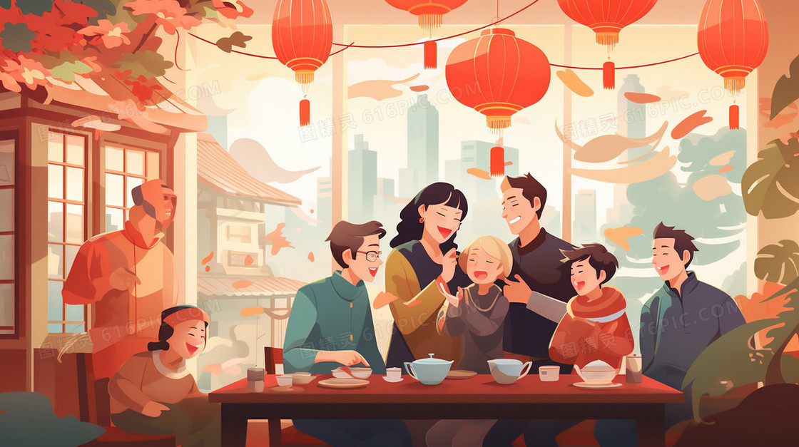 家里家庭相聚一堂插画