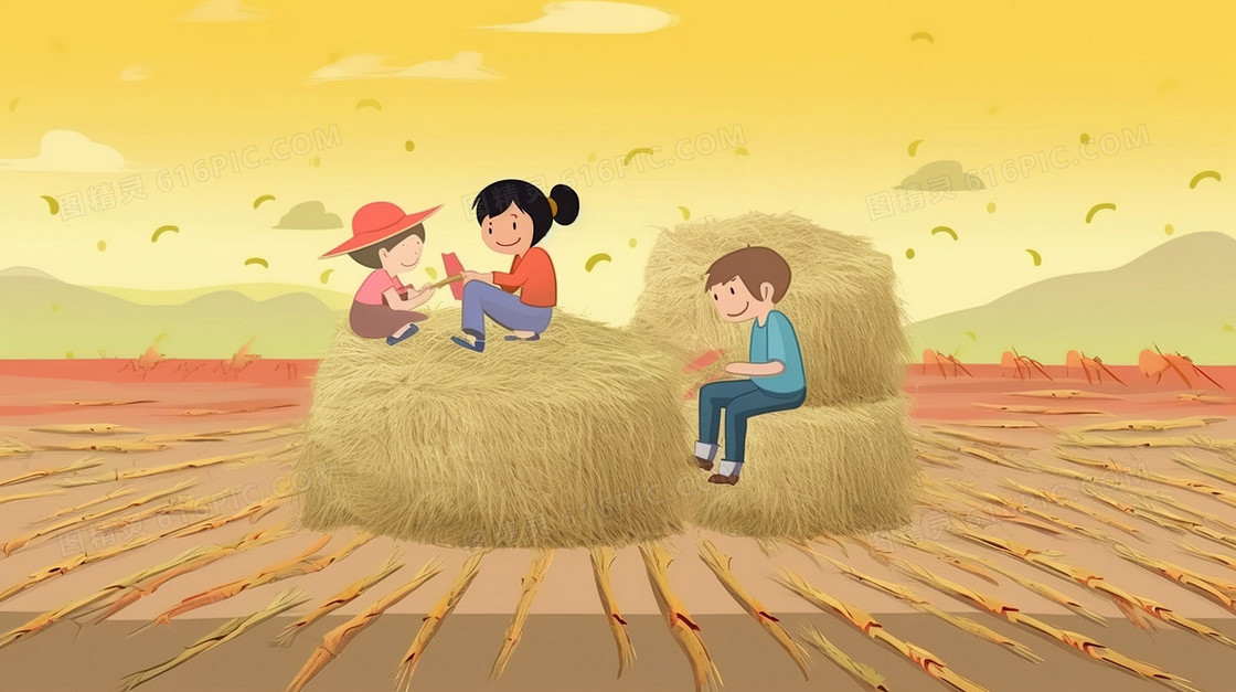 田野草垛堆上玩耍的孩子们插画