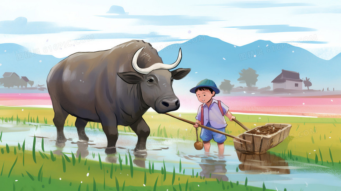 稻田里拉着水牛耕地的农民插画