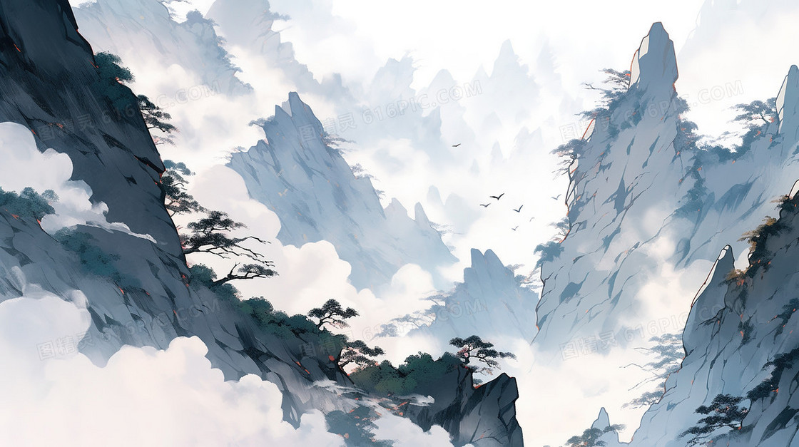 云雾中的群山中国水墨插画