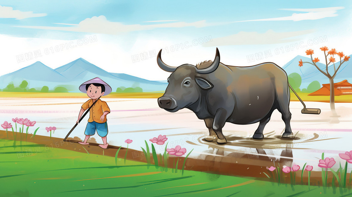 稻田里拉着水牛耕地的农民插画