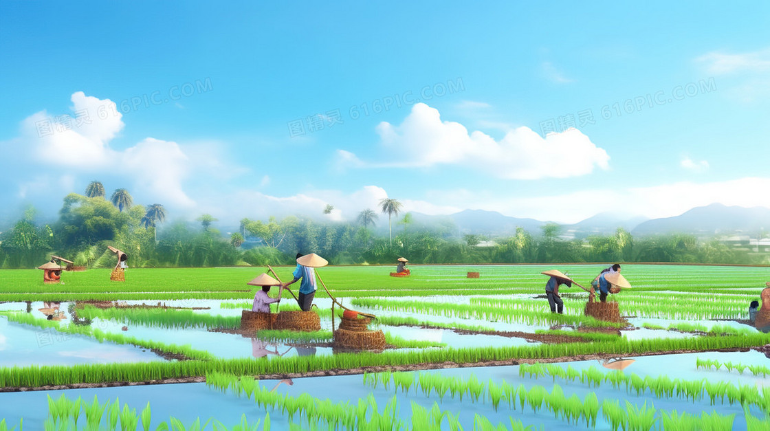 春天田野里辛勤耕种的农民风景图片