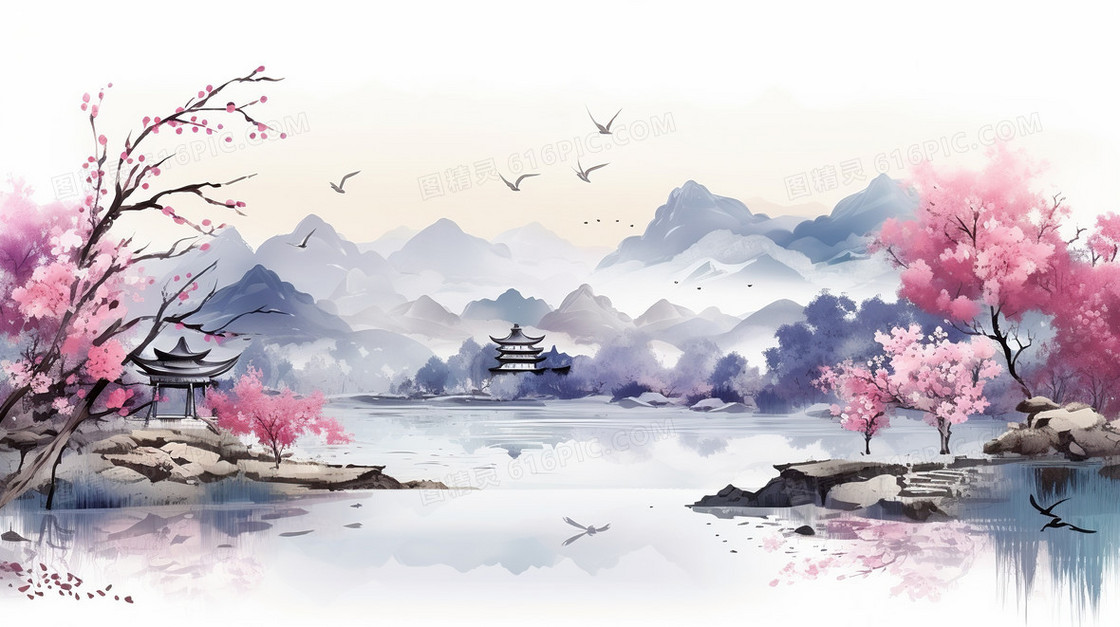 唯美春天风景中国风山水插画