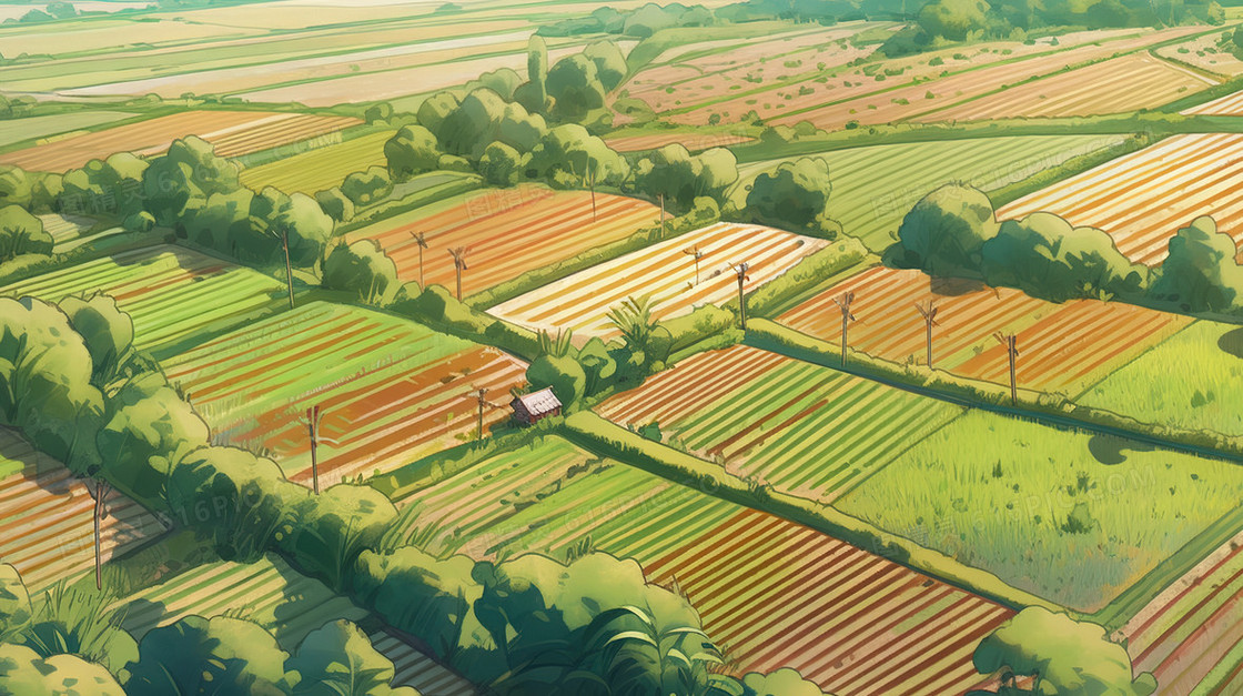 无人机俯拍庄稼田野风景插画