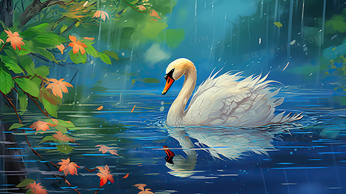 唯美春天风景池塘天鹅插画