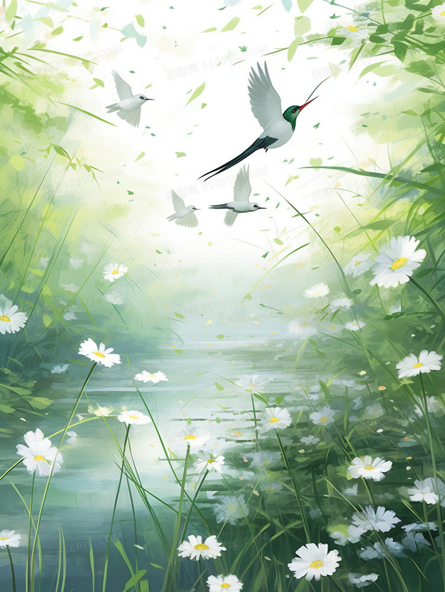 唯美春天风景燕子山水插画