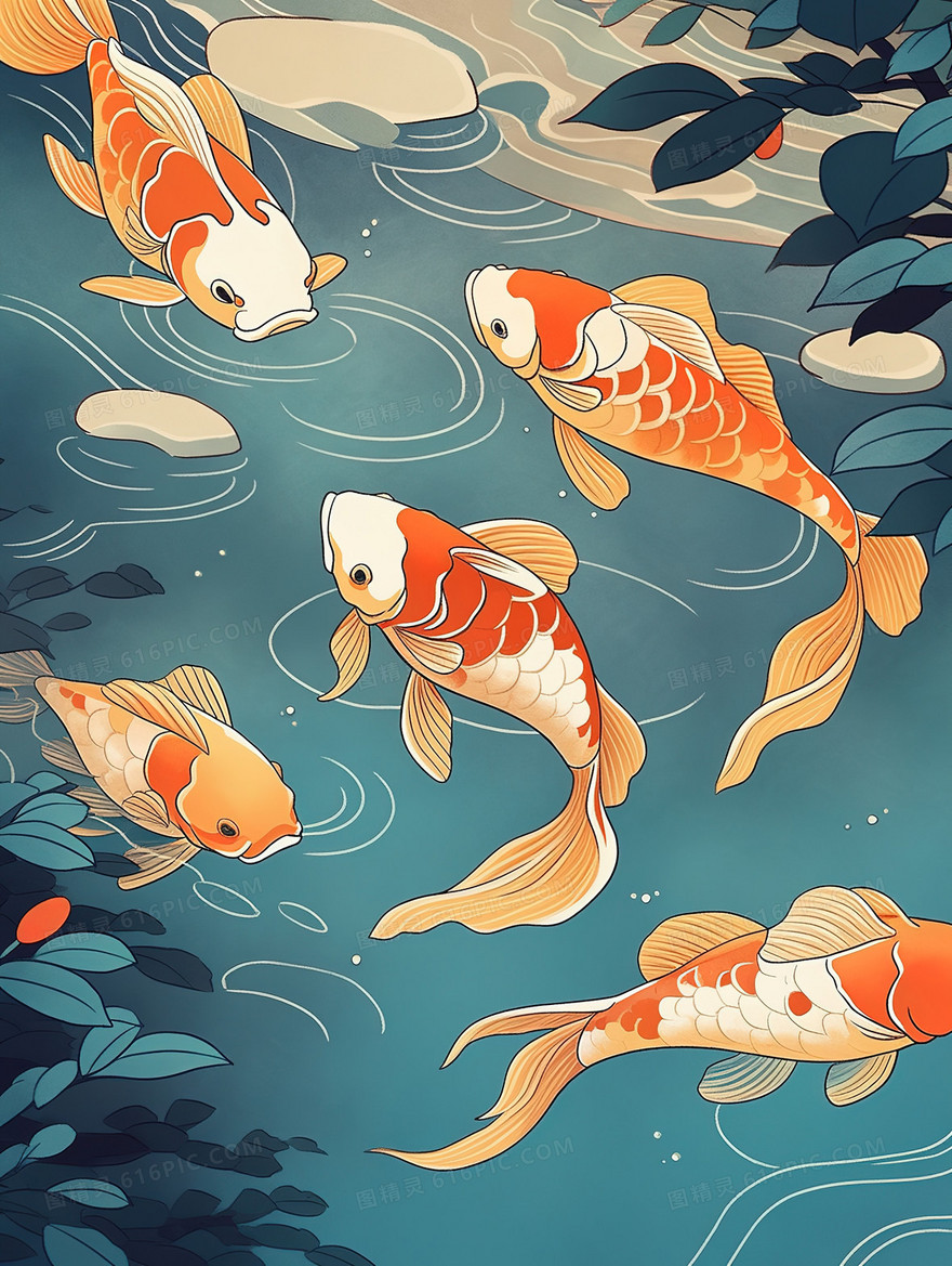 溪流里的锦鲤鱼插画