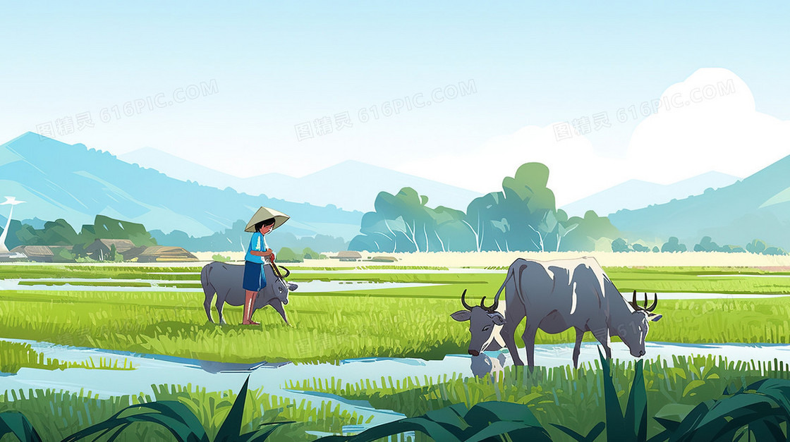 稻田里的水牛和农民插画