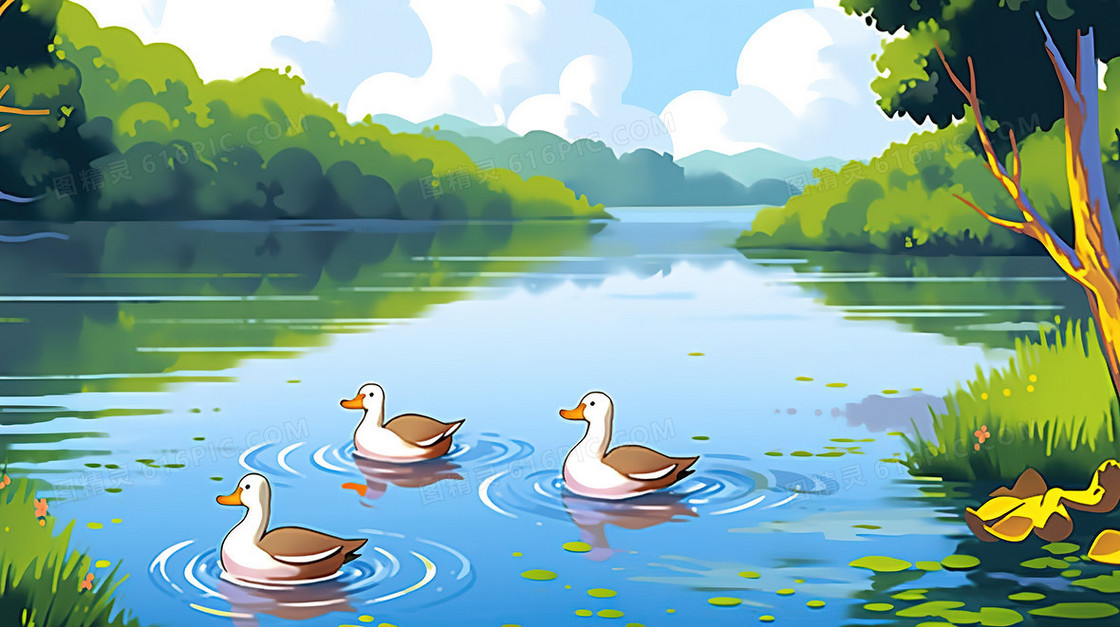 春季山林湖泊里的野鸭插画
