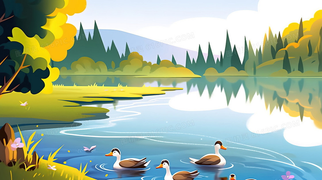 春季山林湖泊里的野鸭插画