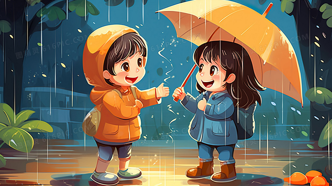 下雨天卡通小孩在雨中玩耍插画