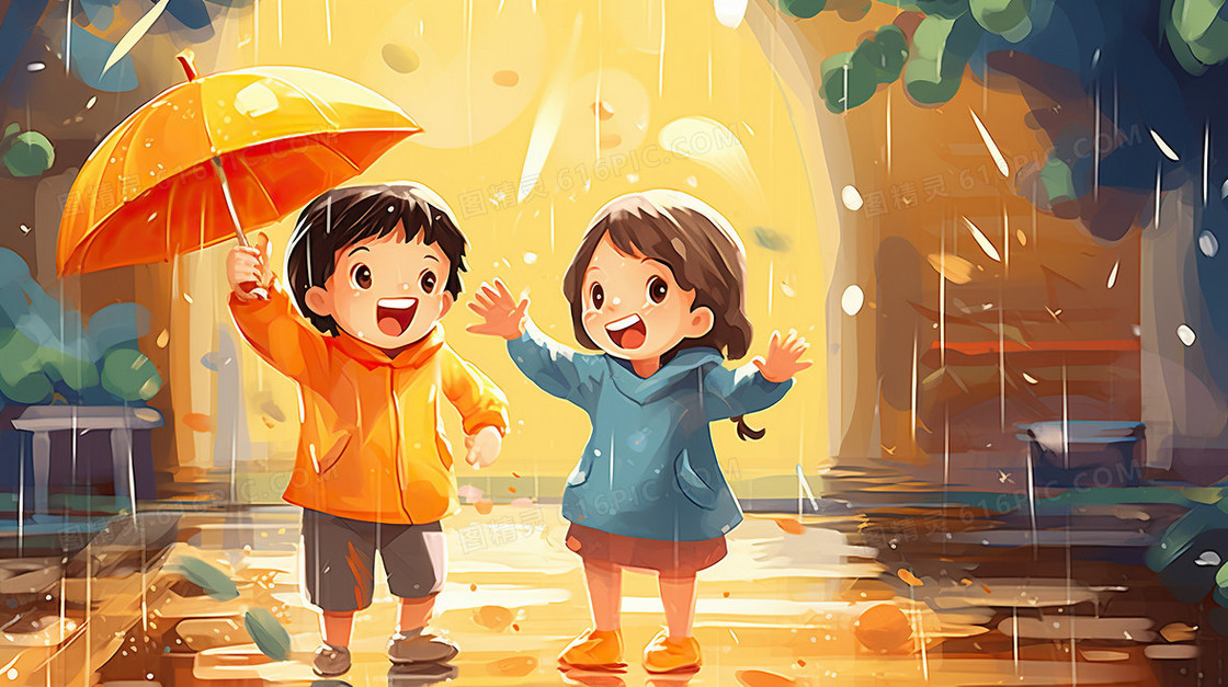 下雨天卡通小孩在雨中玩耍插画