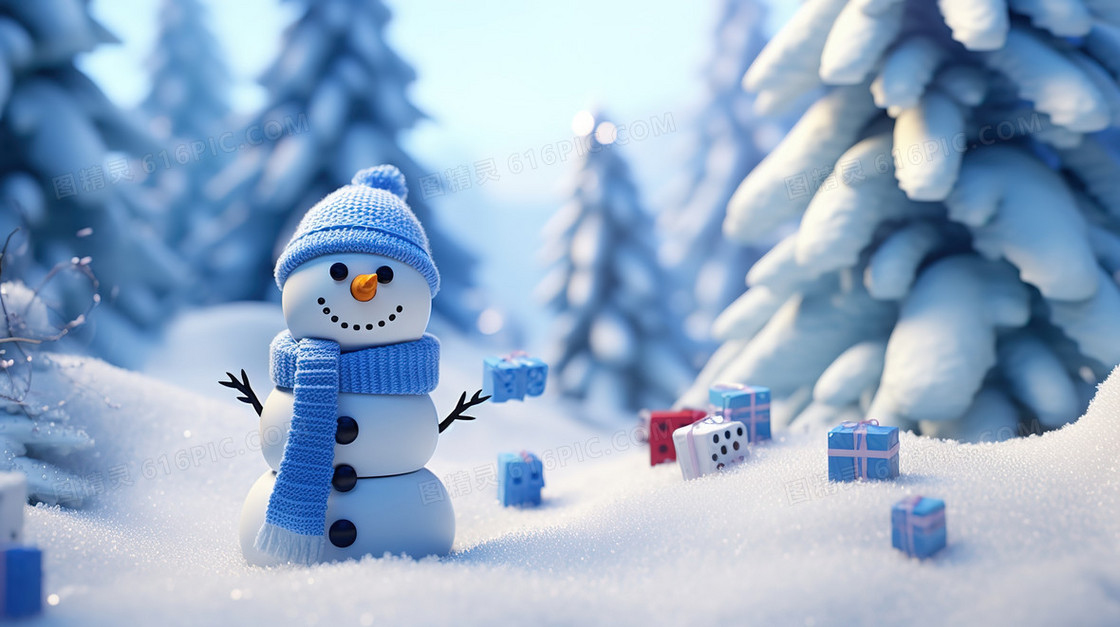 3D森林雪地上的雪人创意图片