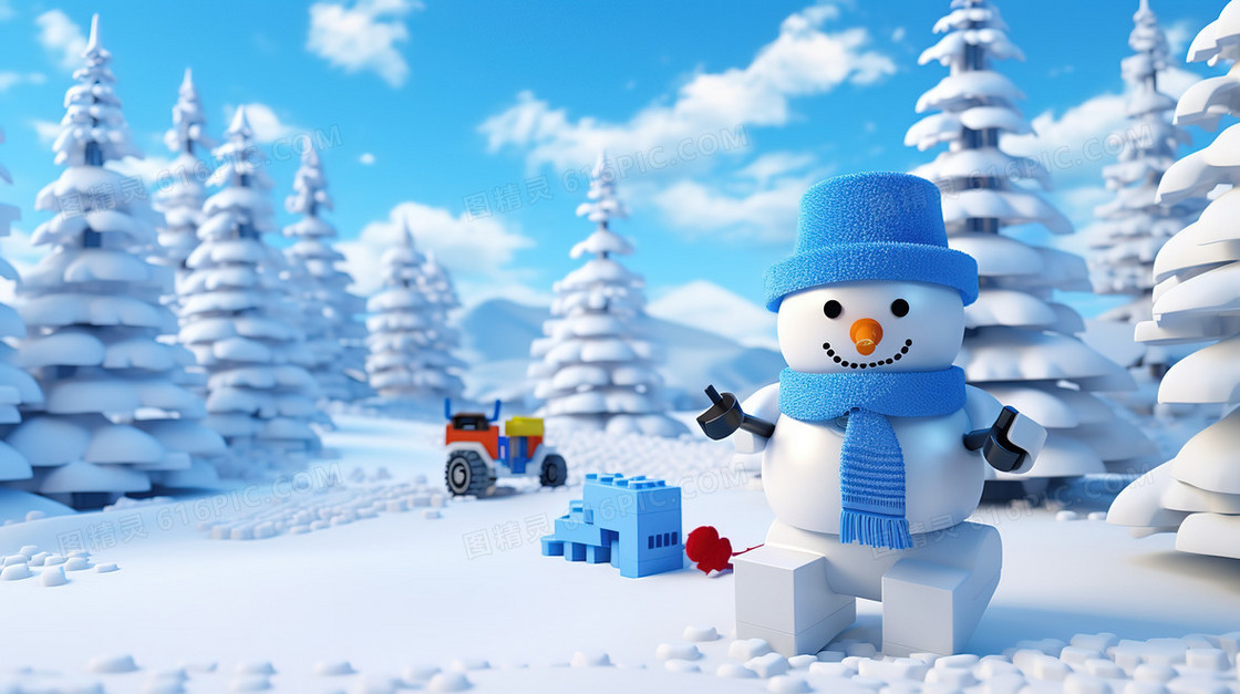 3D森林雪地上的雪人创意图片