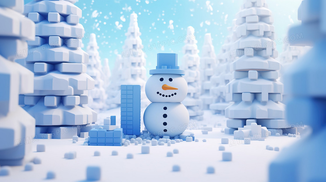 3D森林雪地上的雪人创意图片