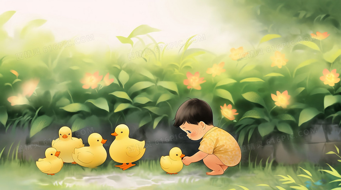 小朋友蹲着和小黄鸭玩耍插画