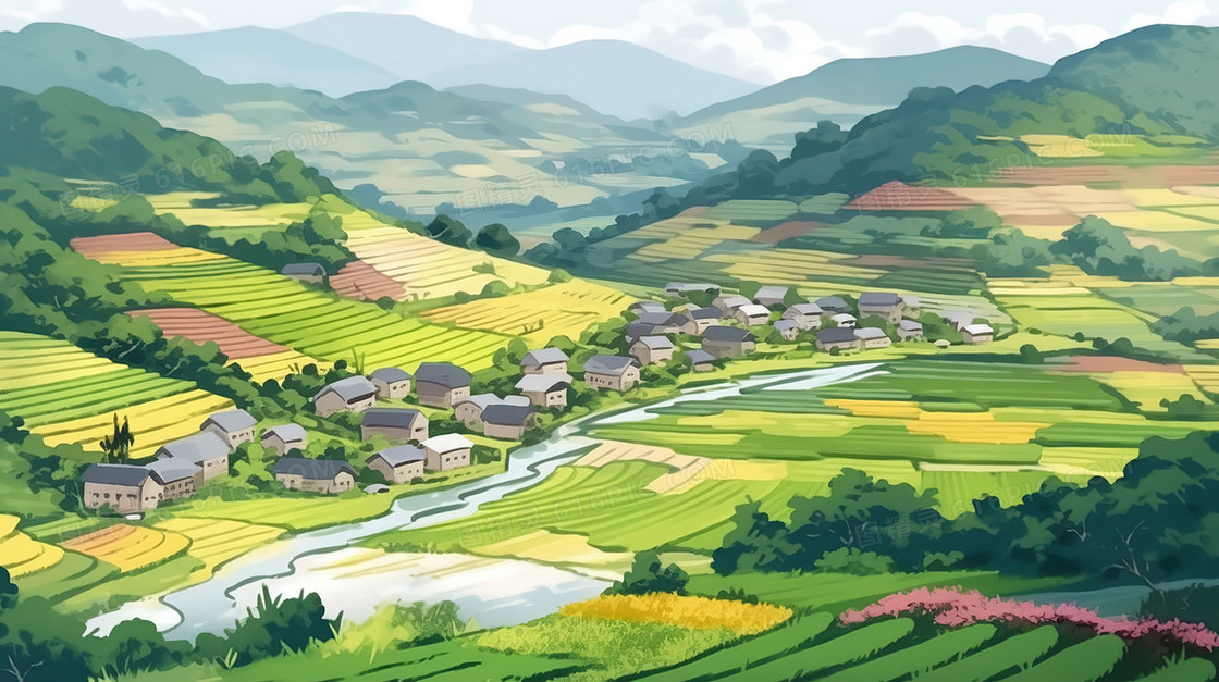 春天绿色山村田野风景插画