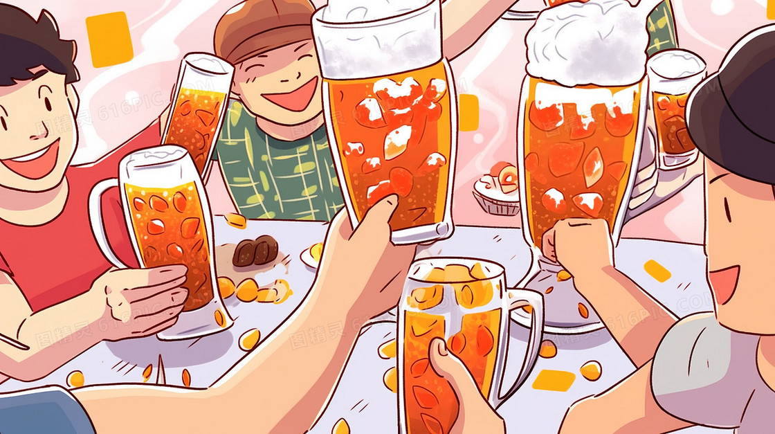 朋友们派对聚餐喝啤酒插画