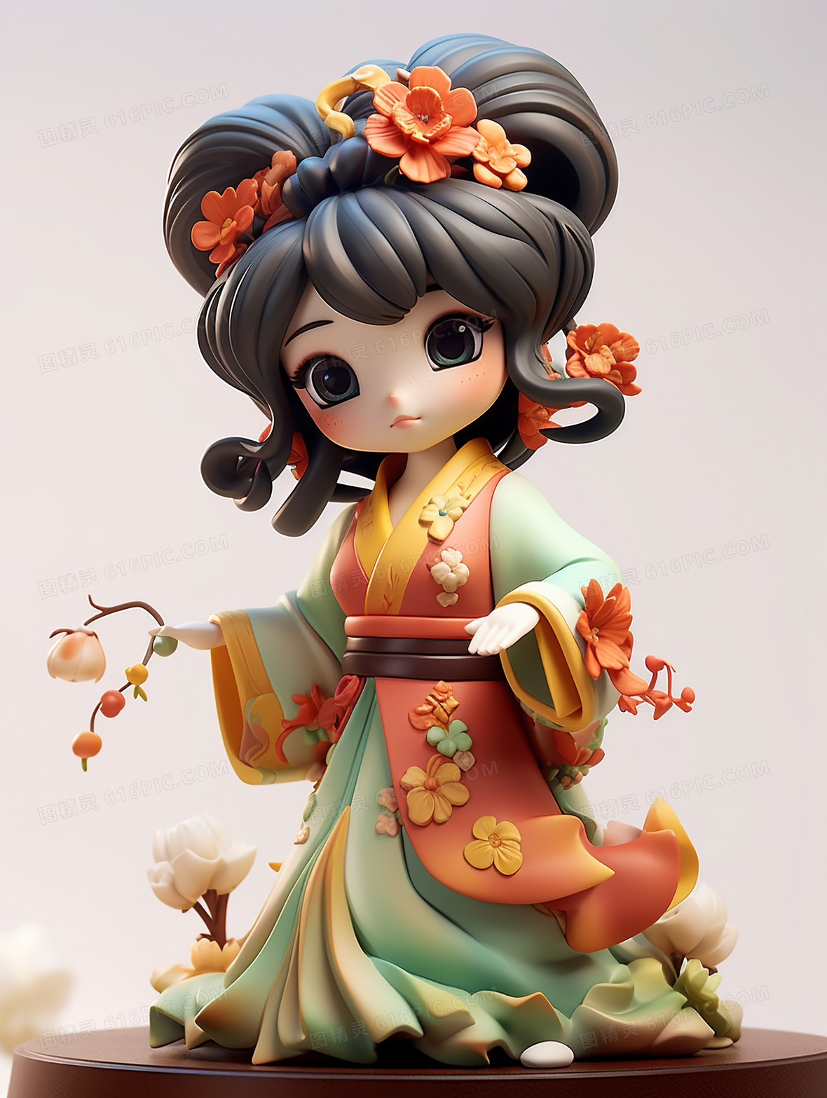 卡通中国风少女3D人物手办玩具插画