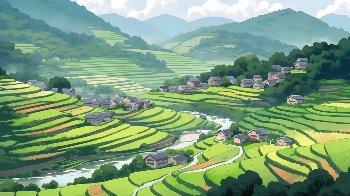 春天绿色山村田野风景插画