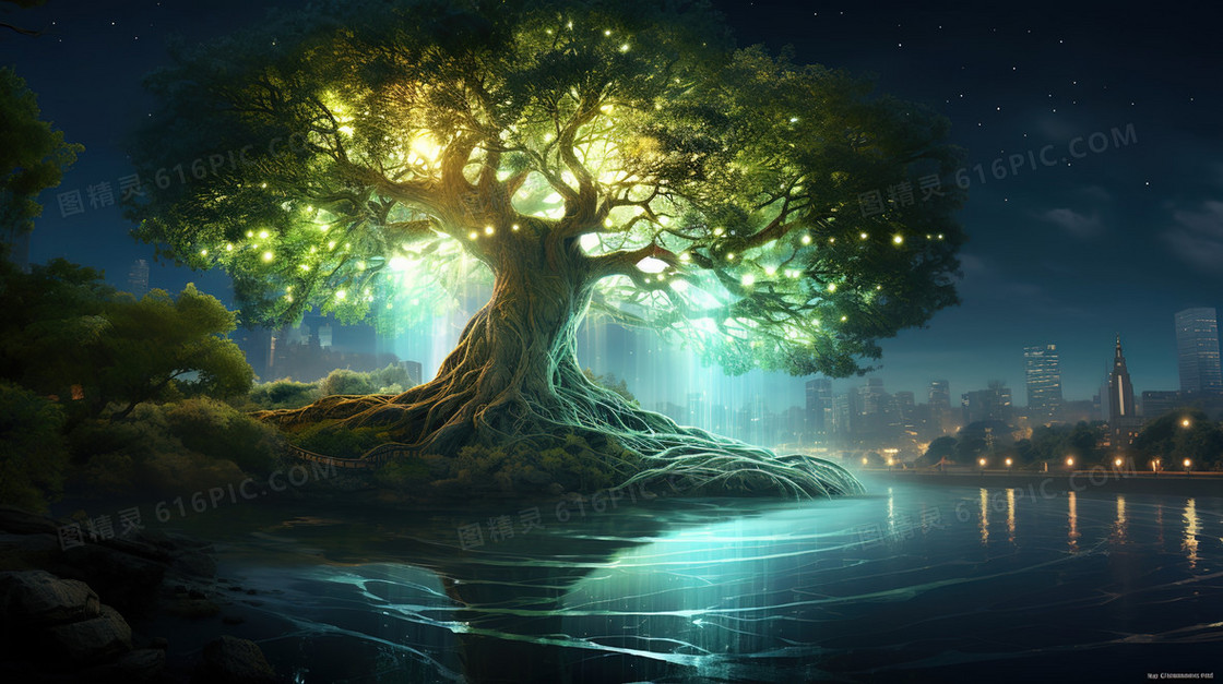 河岸边一棵闪闪发光的魔法树插画