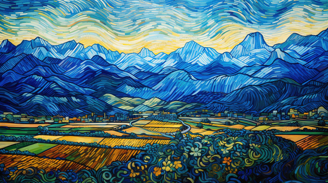 油画笔触肌理山地风景插画