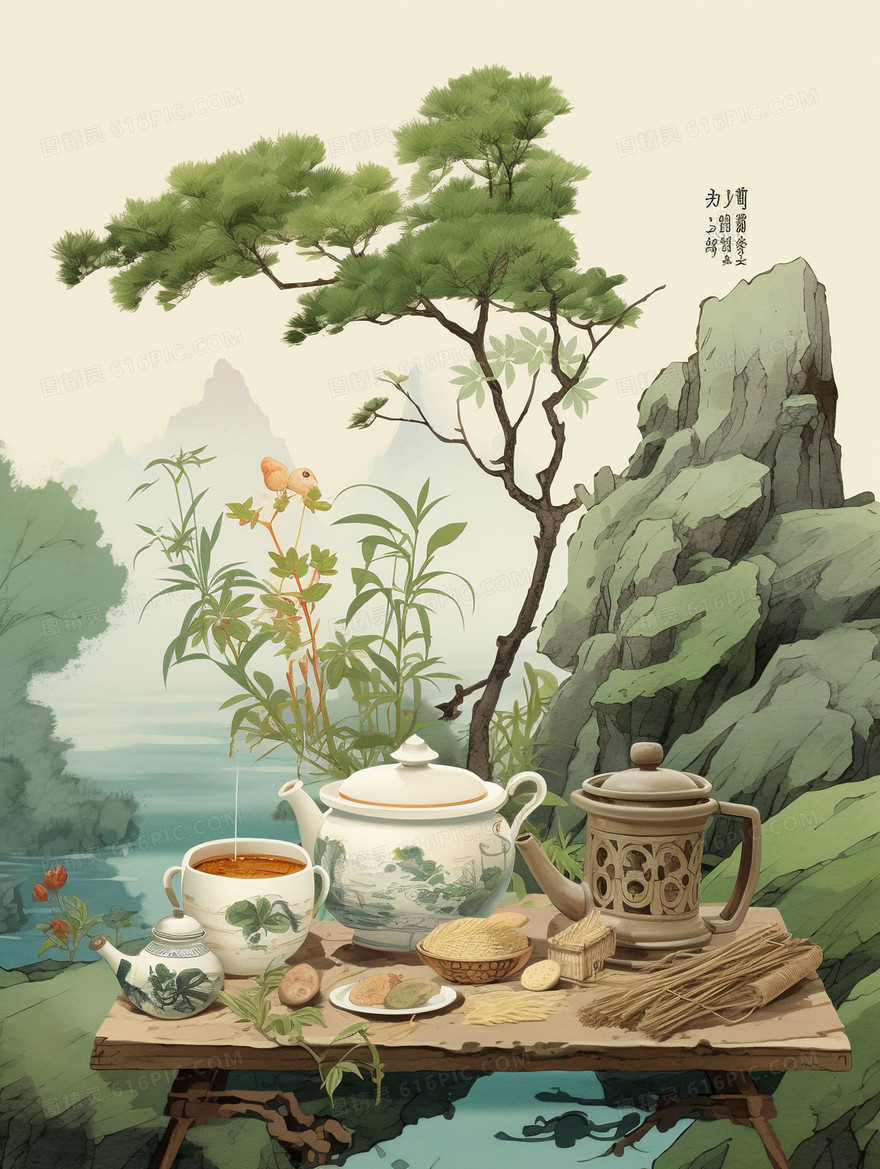 中国风中草药植物中医药罐插画