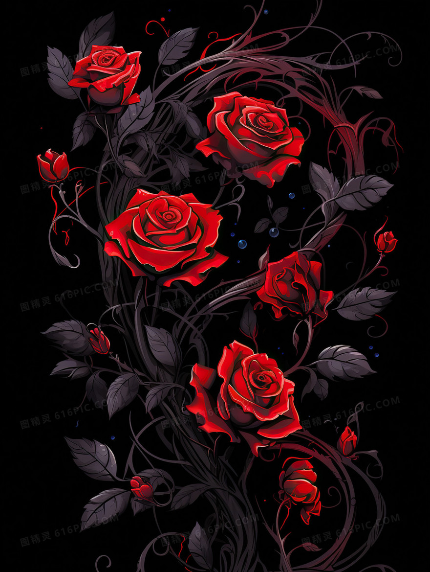 暗黑系红色玫瑰情人节插画