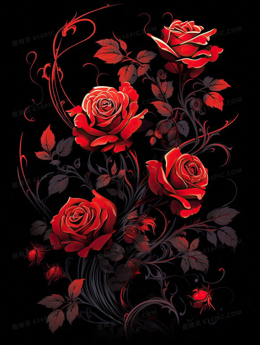 暗黑系红色玫瑰情人节插画