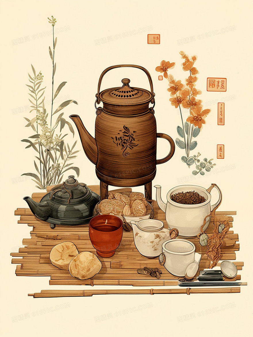 中国风中草药植物中医药罐插画