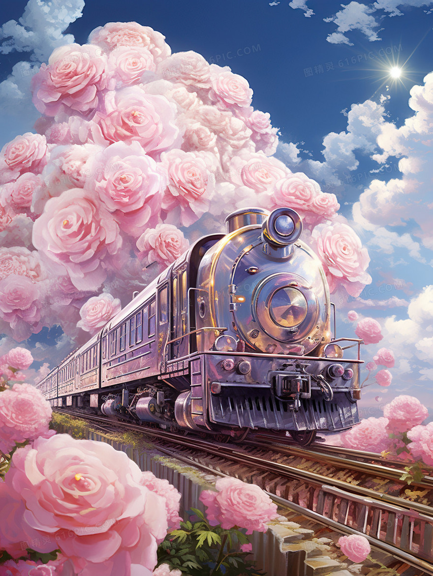 粉色玫瑰花列车浪漫情人节插画
