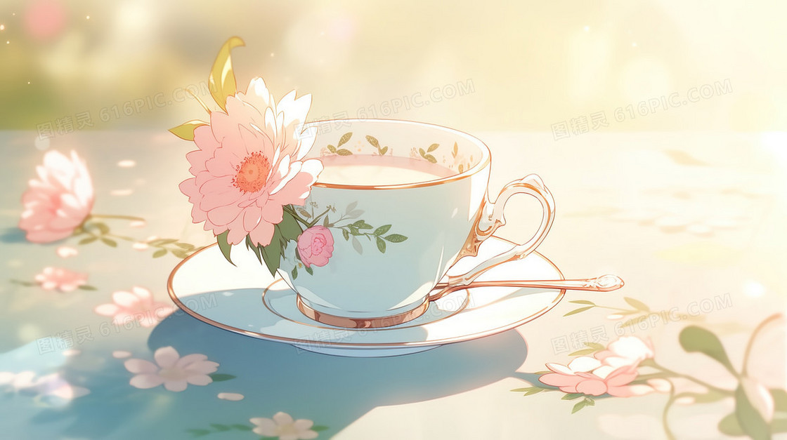 春天粉色花朵和精致下午茶插画