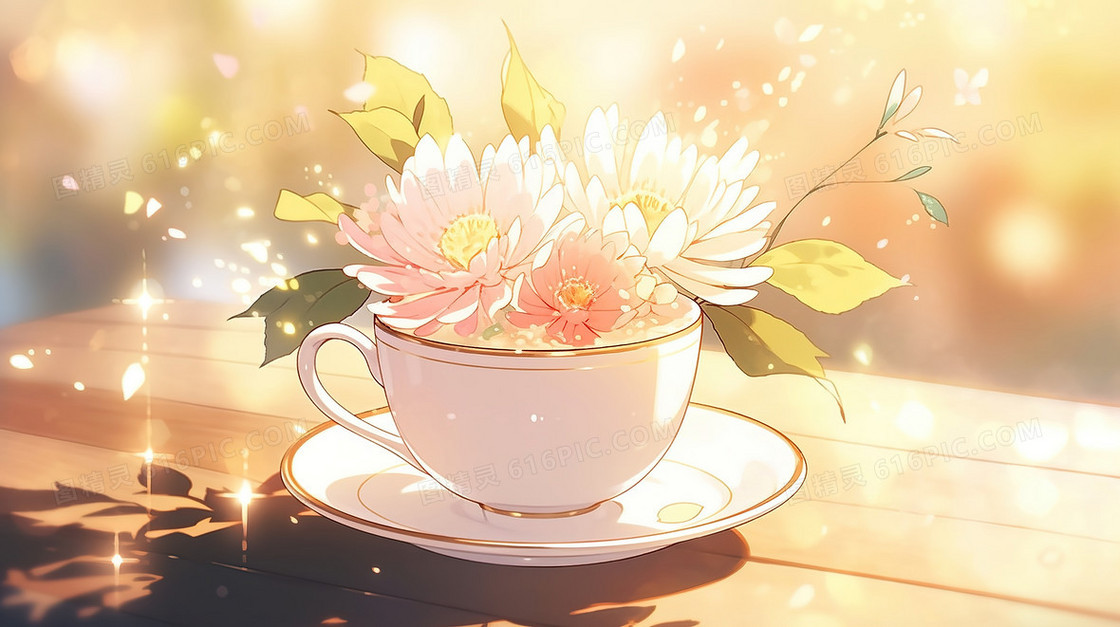 春天粉色花朵和精致下午茶插画