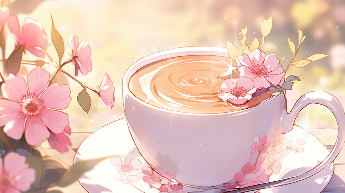 春天粉色花朵和精致下午茶插画