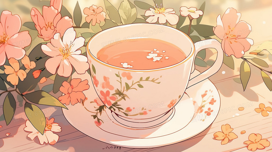春天粉色花朵和精致下午茶插画
