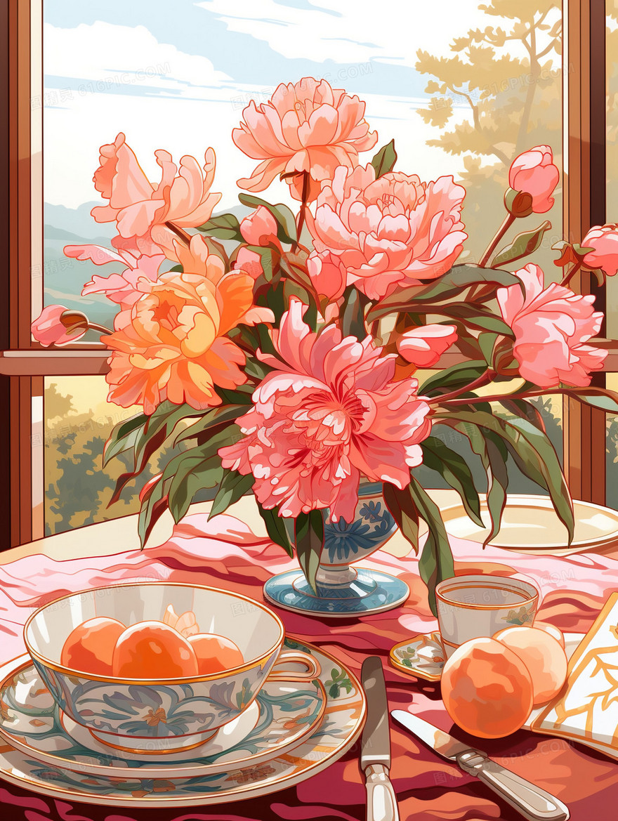 浪漫粉色手绘油画窗边玫瑰花情人节插画