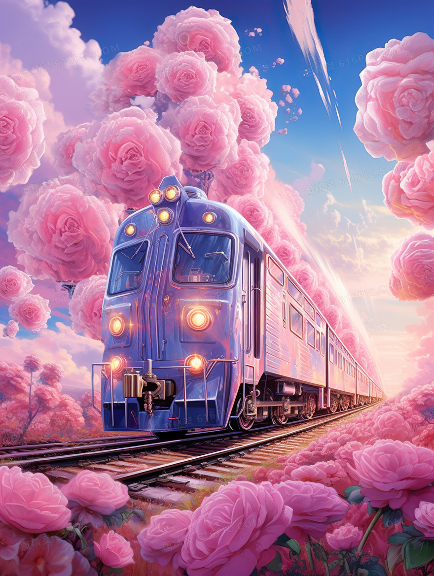 粉色玫瑰花列车浪漫情人节插画