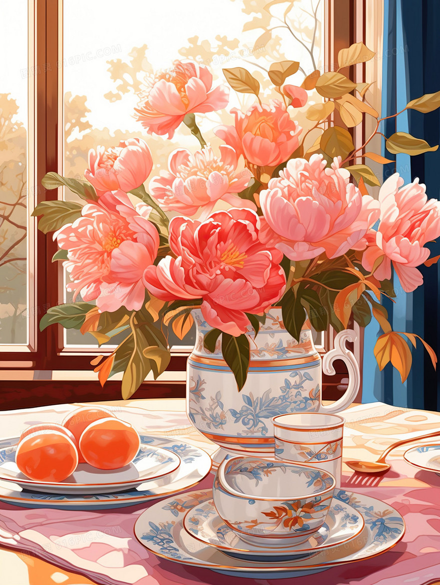 浪漫粉色窗边手绘油画玫瑰花情人节插画